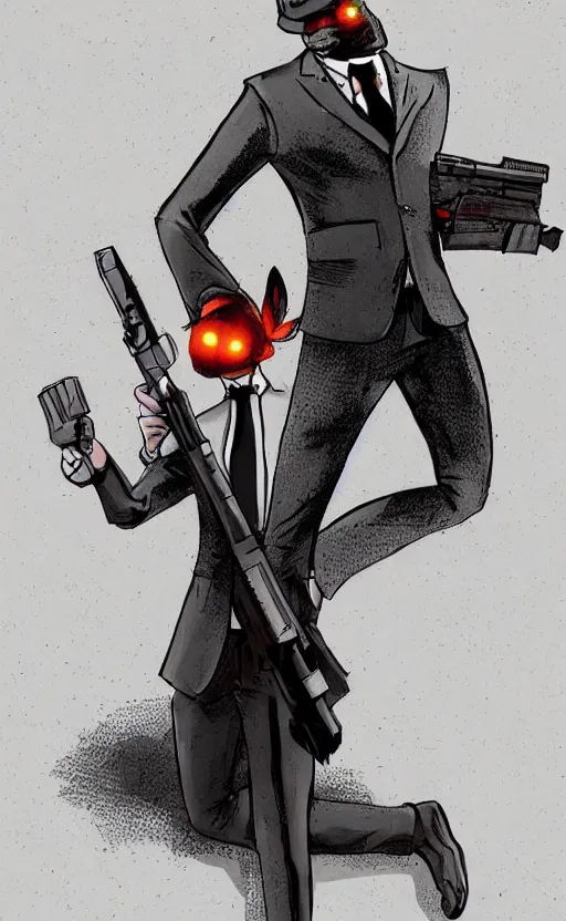 Image similar to rabbit as a hitman, suit and tie, with silenced gun, dynamic lighting, fantasy concept art, trending on art station, stunning visuals, creative, cinematic, ultra detailed, comic strip style