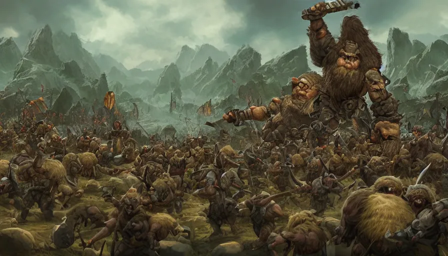 Image similar to painting of an army of giant trolls attacking a village of warrior dwarves, hyperdetailed, artstation, cgsociety, 8 k