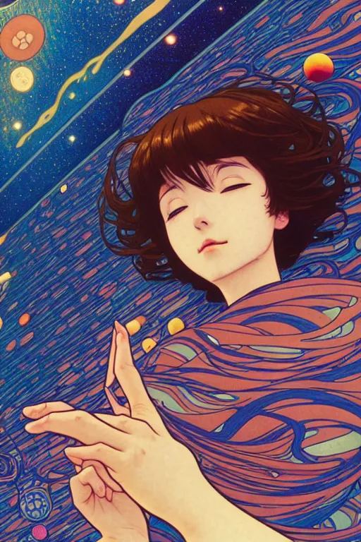 Image similar to a lonely girl floating in a spacestation, akihito yoshida, gustav klimt, yuya nagai, Ilya Kuvshinov, murata range, jean giraud, makoto shinkai, kawaii, alphonse mucha, matte colors, high saturation, detailed, 1990s