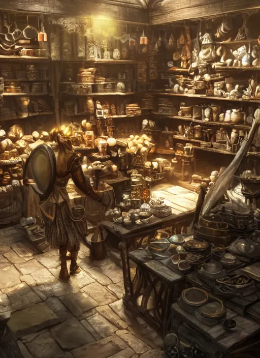 Image similar to merchant in his store selling things, ultra detailed fantasy, elden ring, realistic, dnd, rpg, lotr game design fanart by concept art, behance hd, artstation, deviantart, global illumination radiating a glowing aura global illumination ray tracing hdr render in unreal engine 5