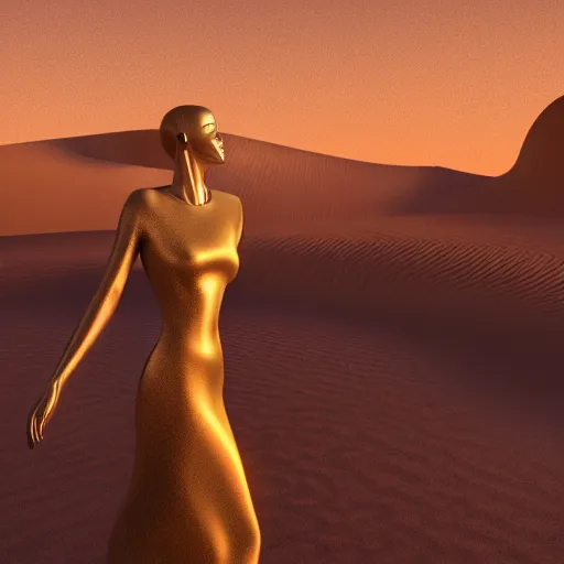 Prompt: avant-garde art, deco fashion, highly detailed, photorealistic portrait, serene desert setting, golden hour, crisp quality and light reflections, unreal engine 5 quality render