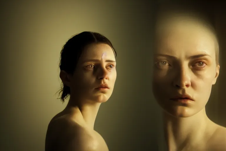 Image similar to an ultra realistic, cinematic, close up portrait, of a young woman, looking in mirror at older self, fire, dramatic, soft light, dreamy, facial features, stood in a cell, with prison clothing, detailed, deep focus, movie still, dramatic lighting, ray tracing, by michal karcz and yoshitaka