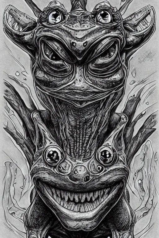 Image similar to frog goblin, symmetrical, goblin, highly detailed, digital art, sharp focus, trending on art station, kentaro miura manga art style