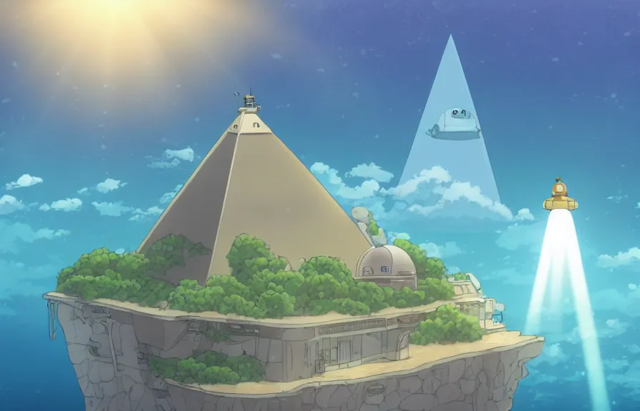 Prompt: a realistic studio ghibli cell shaded cartoon showing a submarine in front of a white pyramid with a gold capstone underwater at the bottom of the sea. shafts of sunlight come from above. wide shot, very dull muted colors, hd, 4 k, hq