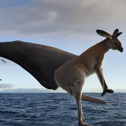 Image similar to scenic photo of a kangaroo standing on a whale. extremely large wings. extreme detail, hyperrealistic photo