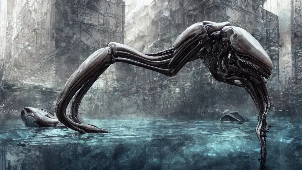 Prompt: 3D render of an single transparent xenomorph in a gigantic city ruined underwater environment, omnious , elegant, reflections, focus, detailed, realistic eyes, horizontal partial symmetry features proportions, intricate facial skin details, award winning, trending in cgsociety artstation deviant art, octane render