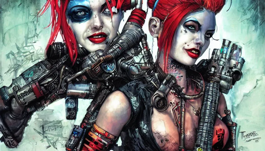 Image similar to a dream portrait of cyberpunk Harley Quinn in post apocalyptic Gotham art by Paul Dini, Travis Charest, Simon Bisley