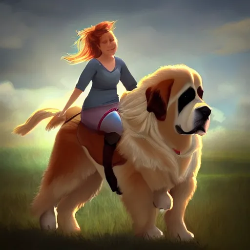 Image similar to girl riding a giant saint Bernard in the park, trending on artstation