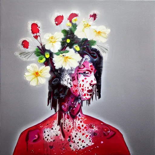 Image similar to “art in an Australian artist’s apartment, portrait of a woman wearing stained white cotton cloth, stained by fresh raspberries and strawberries and blueberries, white wax, edible flowers, Japanese pottery, Australian native white and red flowers ikebana, black walls, acrylic and spray paint and oilstick on canvas”