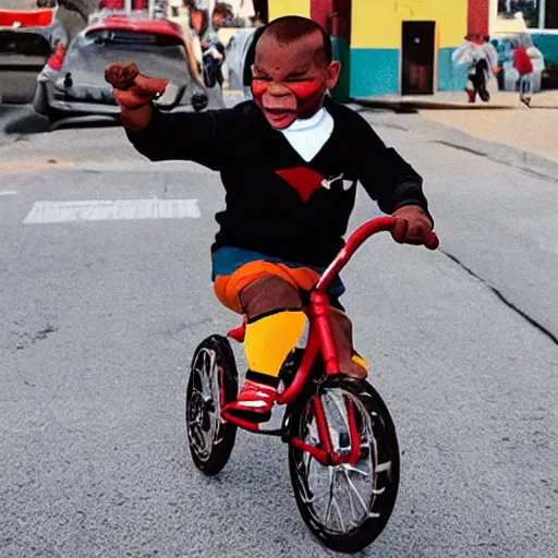 Prompt: mike tyson riding a tiny clown bike