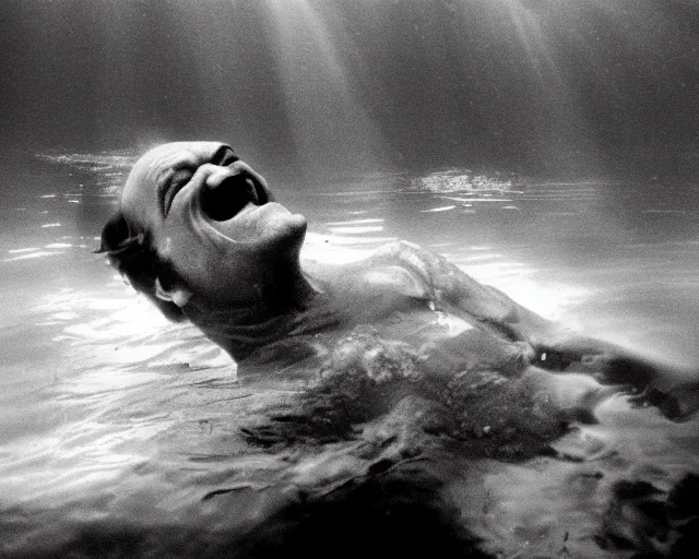 Image similar to Jack Nicholson as a merman swimming underwater, cinematic lighting, cinematography photograph