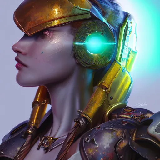 Image similar to studio portrait of lawful good colorful female holy mecha paladin absurdly beautiful, elegant, young sensual graceful woman, ultrafine hyperrealistic detailed face illustration by kim jung gi, irakli nadar, intricate linework, sharp focus, bright colors, matte, octopath traveler, final fantasy, unreal engine highly rendered, global illumination, radiant light, intricate environment