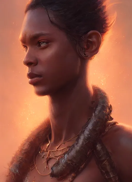 Image similar to highly detailed portrait of protagonist from elden ring, brown skin, adventure game, d & d, fantasy art by greg rutkowski, stanley artgerm, loish, rhads, tom bagshaw, global illumination, radiant light, detailed and intricate environment