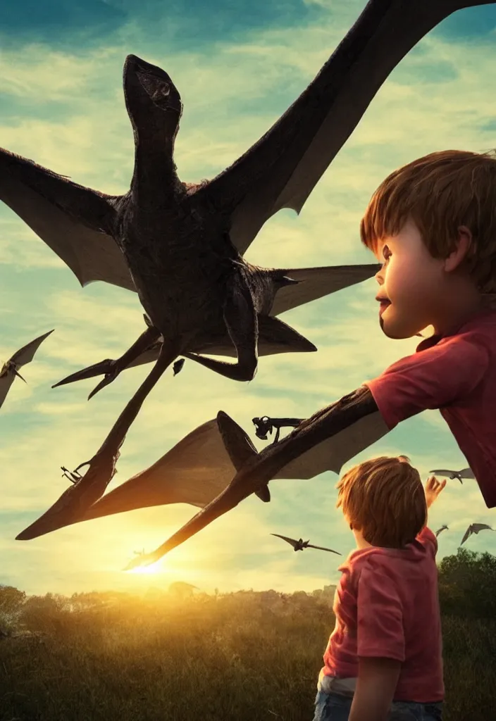 Image similar to a child looking at a pterodactyle flying in the sky in the style of a movie poster, realistic, super detailed, cinematographic, epic lighting