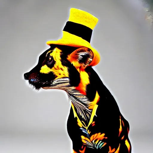 Prompt: The world's greatest showman: the african painted dog dressed in a hat!