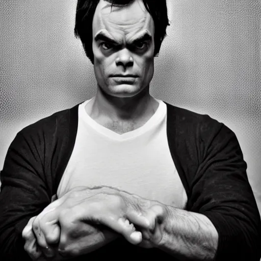 Image similar to Bill Hader as the Incredible Hulk, symmetrical, scowling, studio lighting, depth of field, photography, black and white, highly detailed