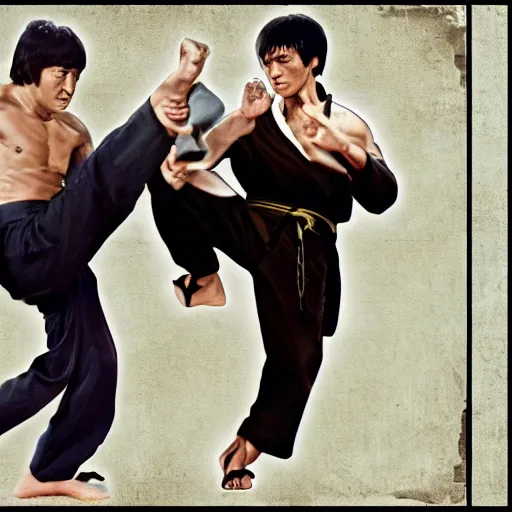 Image similar to jackie chan and bruce lee vs thomas jefferson, 4 k