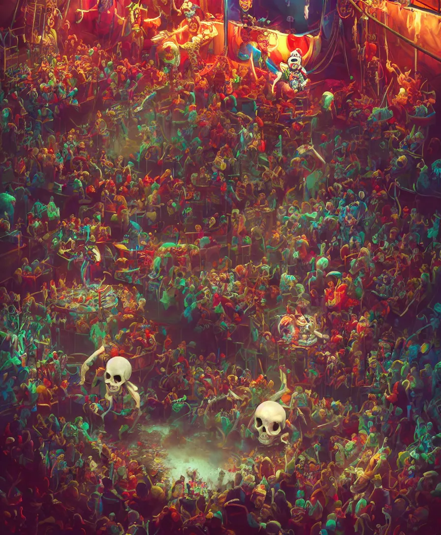 Prompt: skull clown inside a circus, high detail, deviantart, artstation, octane render, cinematic, hyper realism, 8k, depth of field, art by Tooth Wu and wlop and beeple and dan mumford and greg rutkowski, artstation, concept art, illustration, vibrant colors