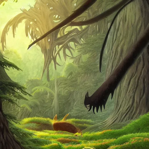 Image similar to big creature in the forest in the ghibli artstyle, art 8k detailed, smooth, highly detailed, ghibli