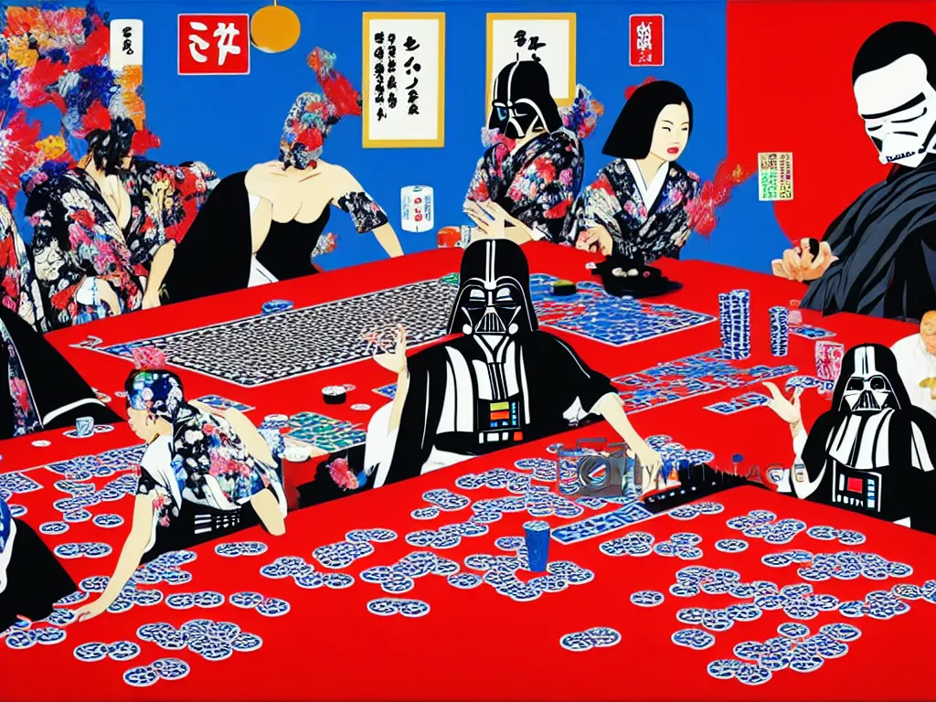 Image similar to hyper - realistic composition of a large room with an extremely detailed poker table in the center, woman in traditional japanese kimono standing nearby, darth vader sitting at the table, fireworks in the background, pop art style, jackie tsai style, andy warhol style, acrylic on canvas, dull palette