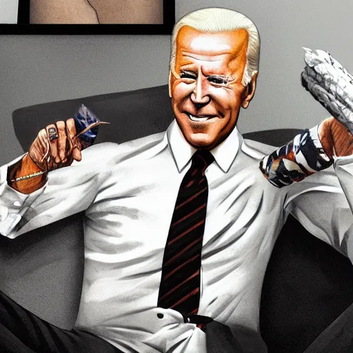 Image similar to joe biden holding a giant joint while sitting on a couch in a messed up apartment, stoned eyes, smoke, beautiful digital art, amazing detail, artstation, award winning, sharp