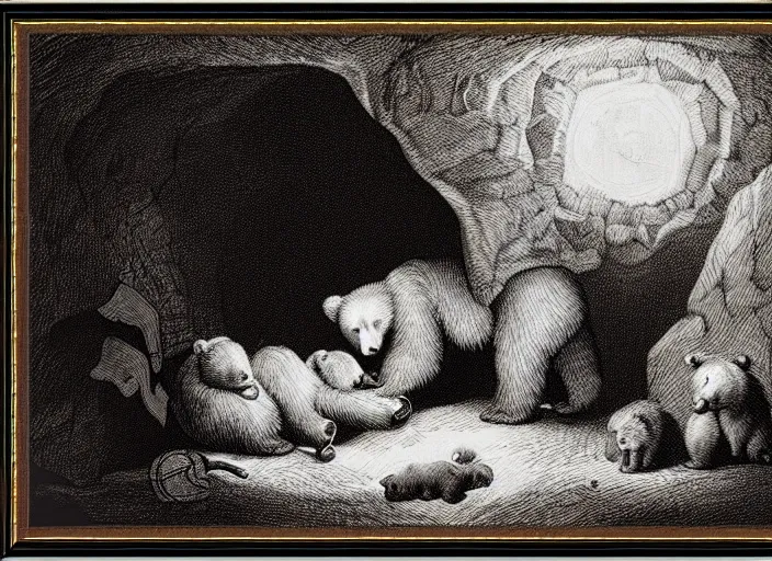 Image similar to Pieter Claesz's 'bear and her cubs sleeping in a dark cave', night time, cross hatching, framed