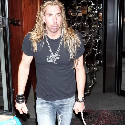 Image similar to chad robert kroeger of nickelback tied up with chains to the front door of an applebee's