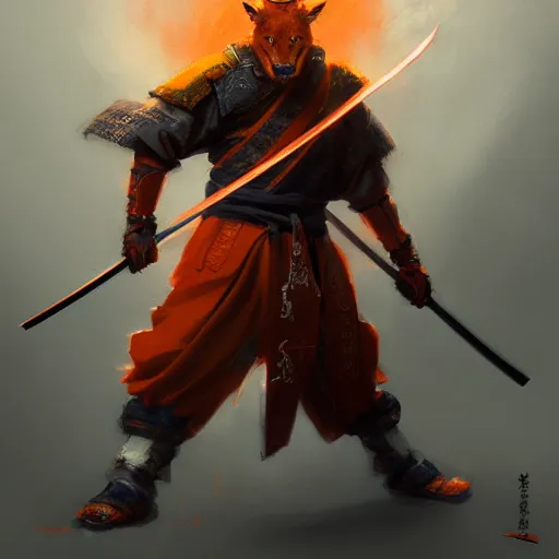 Image similar to commission portrait of a orange wolf dressed as a samurai holding a katana,dramatic,character design by charles bowater,greg rutkowski,ross tran,hyperdetailed,hyperrealistic,4k,deviantart,artstation,professional photography,concept art