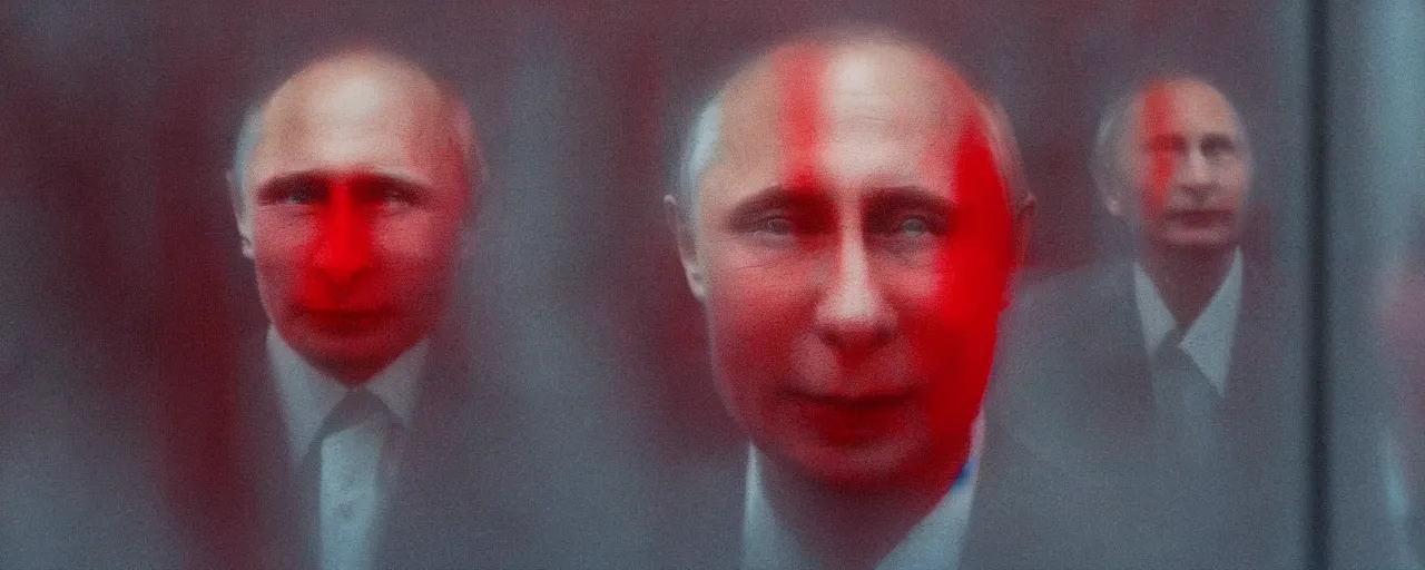 Image similar to in the style of gottfried helnwein. a smiling vladimir putin in red light. from above. shallow focus. wide angle