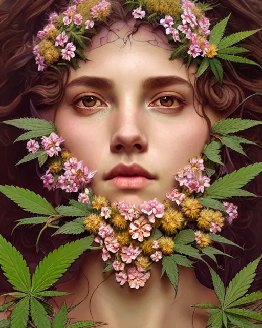 Image similar to portrait of goddess gaea, flowery face, upper body, decorated with cannabis flowers, intricate, elegant, highly detailed, digital painting, artstation, concept art, smooth, sharp focus, illustration, art by artgerm and greg rutkowski and alphonse mucha, 8 k