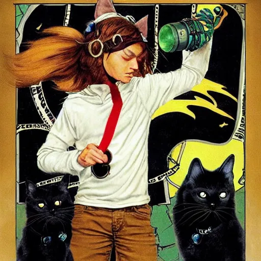 Prompt: a teenage boy with shaggy blond hair dressed as a black cat themed superhero. With cat ears, a tail, and a bell at his neck. Norman Rockwell Peter Mohrbacher-n 6