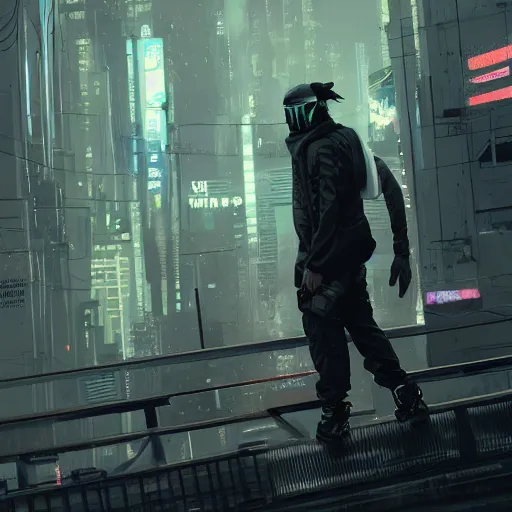 Prompt: A broad shouldered, muscular man in an Acronym techwear outfit, Acronym P31-ds pants, high quality, digital art, dire cyberpunk city, gray sky, neon signs in background, greg rutkowski