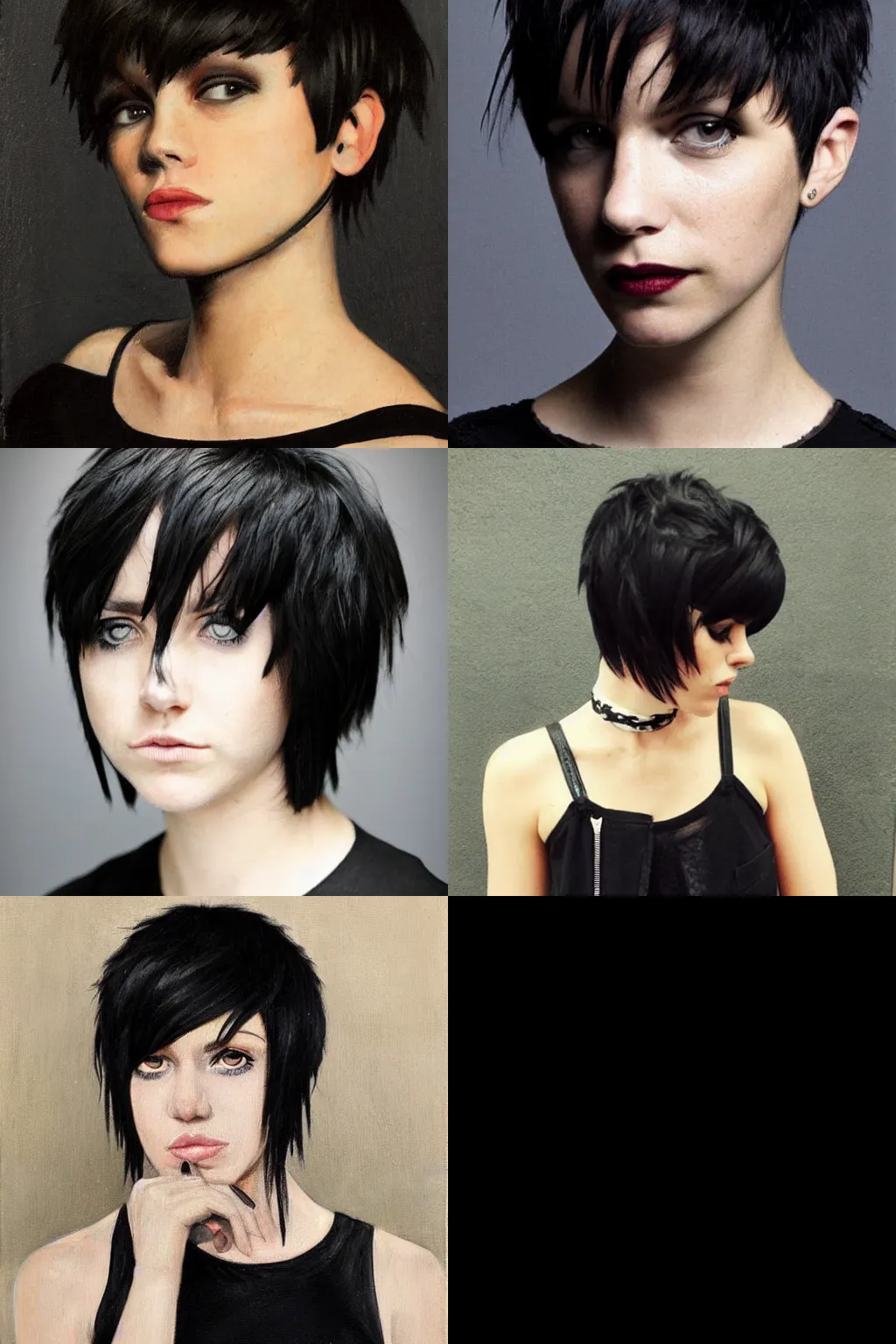 Prompt: an emo portrait by louis anquetin. her hair is dark brown and cut into a short, messy pixie cut. she has a slightly rounded face, with a pointed chin, large entirely - black eyes, and a small nose. she is wearing a black tank top, a black leather jacket, a black knee - length skirt, and a black choker..