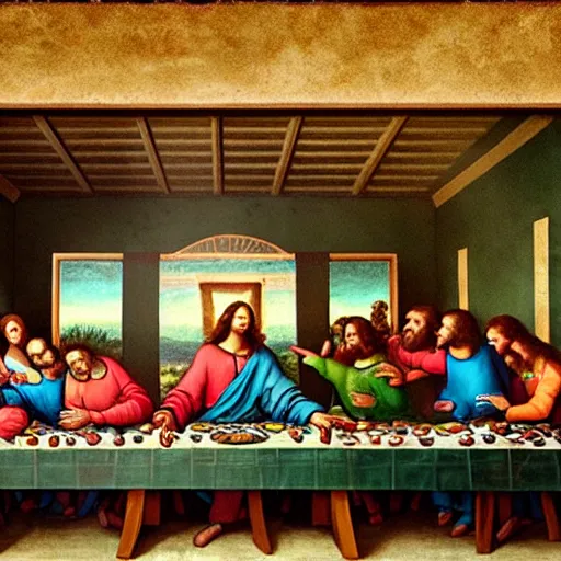 Prompt: renaissance painting, the last supper in the upside down world of stranger things, steak flying in the air with neon colors