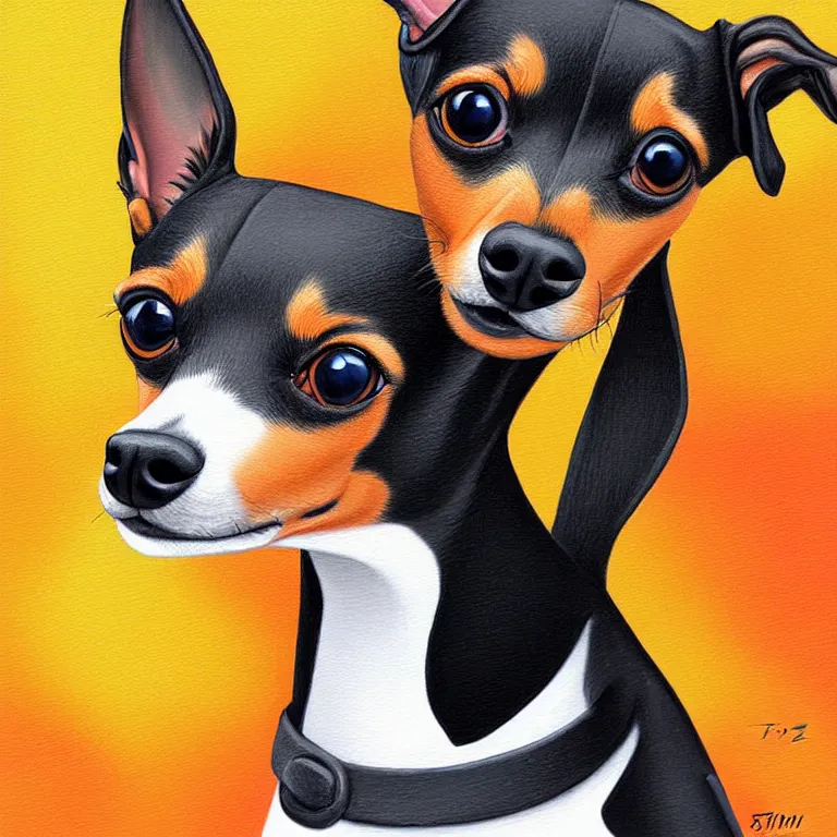 Prompt: painting of a min pin dog by tim shumate