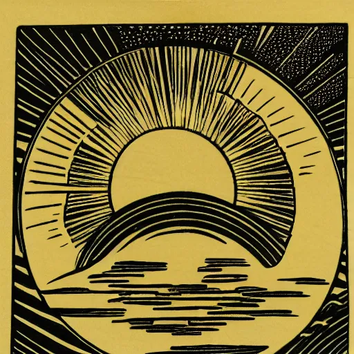 Image similar to Samurai standing in the middle of the lake with a big sun above him and clody sky, single color, Woodblock print, clean ink detailed line drawing