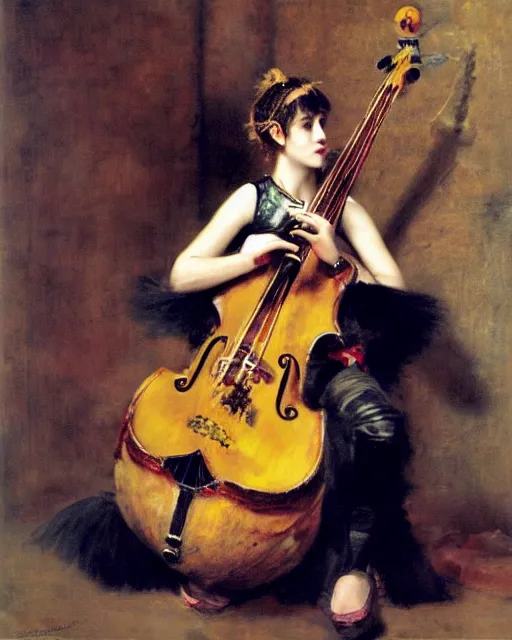 Prompt: Punk girl playing double bass by Mario Testino, oil painting by Lawrence Alma-Tadema