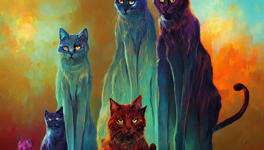 Image similar to artwork of really tall sitting cats by anato finnstark, by karol bak, by lisa frank, brush strokes, 4 k resolution