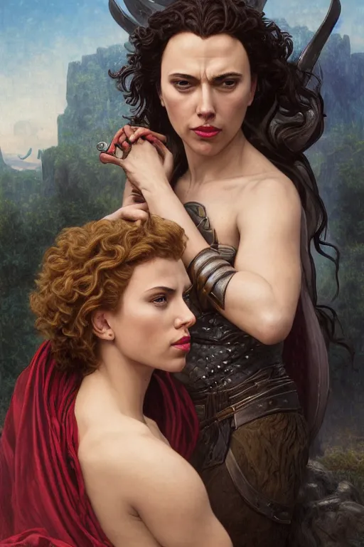 Image similar to A fantasy comic book style Oil Painting portrait of Scarlett Johansson and Gal Gadot, as Atlantean Reptilian Warriors, Mystical Valkyrie, unreal 5, DAZ, hyperrealistic, octane render, Regal, Refined, Detailed Digital Art, RPG portrait, William-Adolphe Bouguereau, Michael Cheval, Walt Disney (1937), François Boucher, Steampunk, dynamic lighting, Highly Detailed, Cinematic Lighting, Unreal Engine, 8k, HD