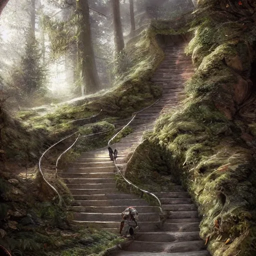 Image similar to a man, walking up a steep and winding staircase. in woods. intricate, elegant, highly detailed, digital painting, artstation, concept art, sharp focus, illustration, by justin gerard and artgerm, 8 k