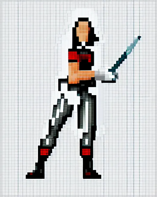 Image similar to a pixel single sprite of a girl holding a sword, in white futuristic armor, pixel art, isometric, 1 6 px x 1 6 px, 2 d game art, 1 6 bit, dynamic pose, # pixelart