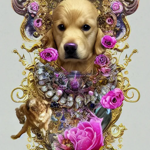 Image similar to Golden Retriever in a cosmic dress, full-body tattoos, ornate, rococo, Psychedelic, zbrush art, majestic, organics, Emil melmoth, eerie, macabre, haunting + insanely detailed and intricate, floral, faded pink, hypermaximalist, elegant, vintage, hyper realistic, super detailed, pastel color, 8K,