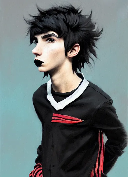 Image similar to portrait of a teen boy with a crooked nose and a confident expression, 1 9 6 0 s, black clothes, goth, punk, brightly coloured hair, funk, intricate, elegant, highly detailed, digital painting, artstation, concept art, smooth, sharp focus, illustration, art by wlop, mars ravelo and greg rutkowski