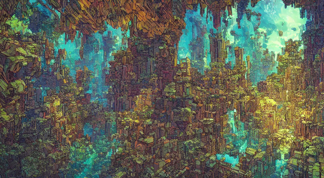 Image similar to open door wood wall fortress greeble block amazon jungle on portal unknow world ambiant fornite colorful deepdream that looks like it is from borderlands and by feng zhu and loish and laurie greasley, victo ngai, andreas rocha, john harris