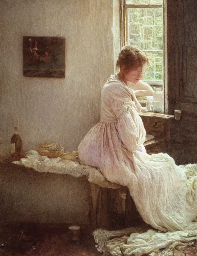 Image similar to peasant girl in a morning in country house, cottage core, cinematic focus, polaroid photo bleached vintage pastel colors high - key lighting, soft lights, foggy, by steve hanks, by lisa yuskavage, by serov valentin, by tarkovsky, detailed, oil on canvas