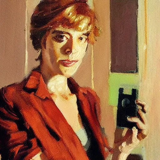 Prompt: A painting. A rip in spacetime. Did this device in her hand open a portal to another dimension or reality?! chestnut by Raymond Leech rich, muted