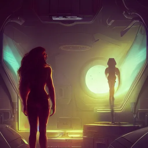 Prompt: Alien standing, observing the outside of a spaceship window while veering off into the vast distance of space, illustrated by Greg Rutkowski and Gaston Bussiere, neon light fixtures, beautiful glowing atmosphere, dappled lighting, trending on artstation, 4k, 8k