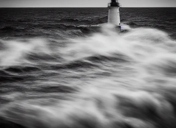 Image similar to a photo of a lighthouse in a storm at night. lonely, churning waves, splashing on lighthouse. warm lighting, long exposure