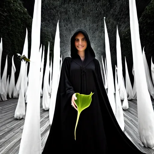 Image similar to a beautiful young witch in a black robe, holding white brugmansia