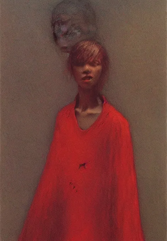 Prompt: young girl in red dress, painting by Beksinski